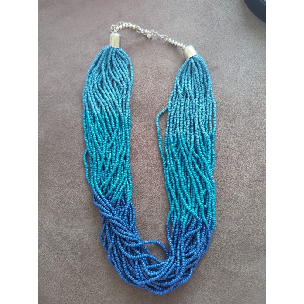 Vintage Beaded Necklace With Light Blue To Dark Blue Ombre- 22 Inches Long
